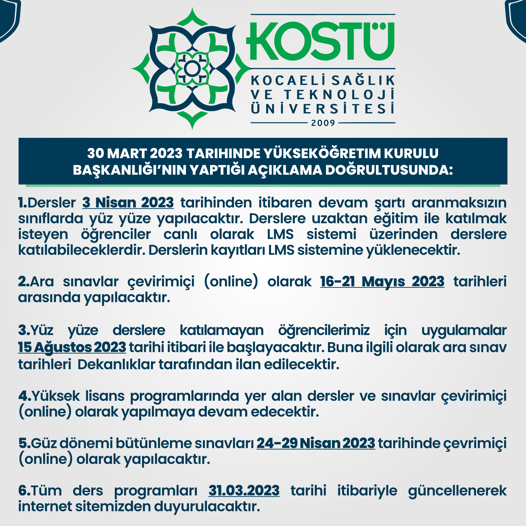 30 Mart 2023 Tarihli Yükseköğretim Kurulu Başkanlığı’nın Yaptığı Açıklama Doğrultusunda Önemli Duyuru duyuru görseli